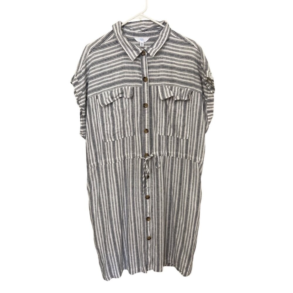 Linen Blend Dress  XXXL Pockete Button-Down Striped‎ Beach Coastal  Boho